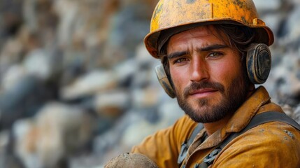 weary construction worker in a dusty yellow hard hat with earmuffs and safety glasses holding a rock at a rocky worksite, showing tired determination