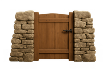Wooden garden gate featuring stone wall pillars, creating a rustic entrance to a home, farm, or outdoor area