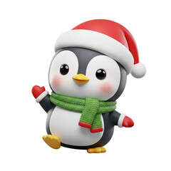 Cute cartoon penguin wearing a Santa hat and scarf waving