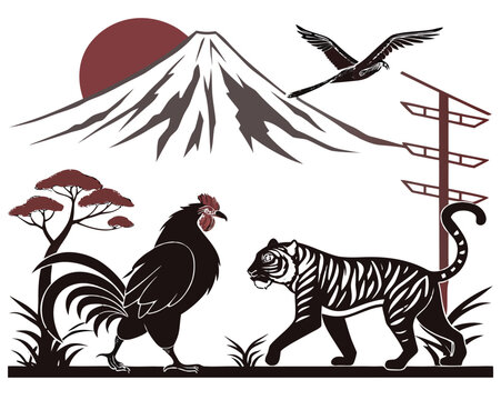 Japanese Mountain Tiger Rooster Crane Silhouette Vector Clipart Japan Korea Folklore Illustration Line Art