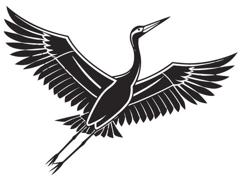 Flying Crane Silhouette Vector Clipart Bird Stork Heron Illustration Line Art