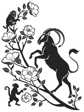 Ibex Goat with Monkeys and Flowers Silhouette Vector Clipart Floral Mountain Animal Illustration Line Art