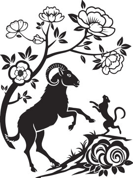 Ram Goat with Flowers Silhouette Vector Clipart Capricorn Zodiac Illustration Line Art