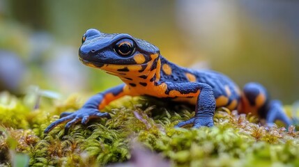 Fototapeta premium Close-up of a glossy black and orange salamander resting on green moss with an alert, curious expression and soft blurred forest background