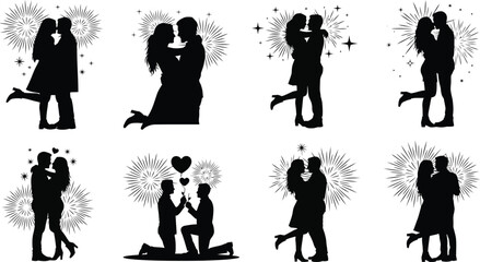 Collection of romantic couple silhouettes celebrating love and engagement against festive fireworks backgrounds