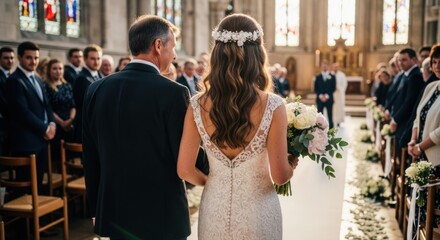 A bride and her father walking down the aisle in a church, with a white altar and stained glass windows in the background.