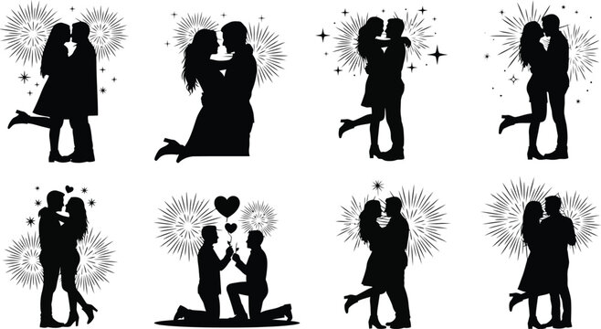 Collection of romantic couple silhouettes celebrating love and engagement against festive fireworks backgrounds - Powered by Adobe
