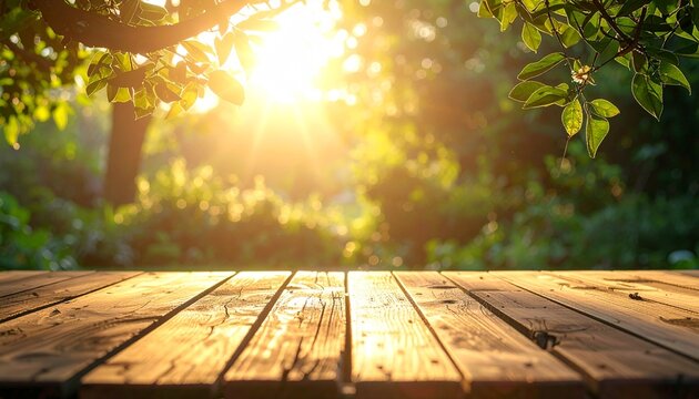 Sunset view from a wooden table in nature
