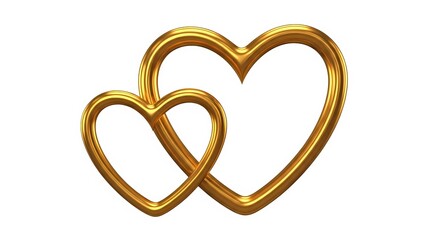 Two intertwined golden hearts symbolizing love and romance isolated on white background
