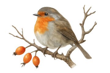 European robin bird perched on a branch with red berries, watercolor painting, nature wildlife illustration, transparent background