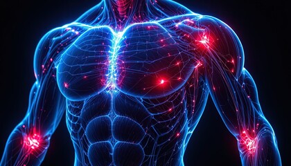 Illuminated depiction of muscular structure highlighting pain points with glowing red nodes