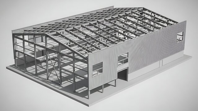 3D rendering of a building frame with metal structure and walls viewed from above