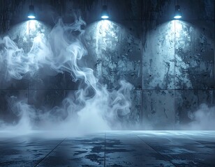 Moody concrete interior with smoky haze and overhead lighting