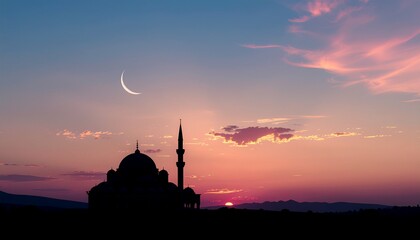 Silhouette of a mosque with a minaret and dome against a sunset sky in Istanbul creates a beautiful architectural skyline landscape
