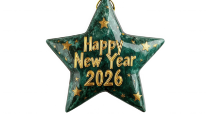 A green star ornament with happy new year and year two thousand twenty six in gold lettering on transparent background