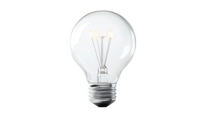 A clear lightbulb with a silver base and visible filaments on a black background in a studio shot on transparent background