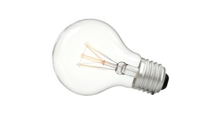 Illuminated lightbulb with visible filament on a black background in a horizontal orientation on transparent background