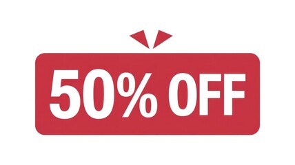 Striking red graphic banner prominently advertising a fifty percent off sale price markdown against a white background
