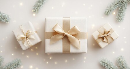 Elegant Christmas Greeting Card Background with Beige Gift Boxes Gold Ribbons and Pine Branches on Neutral Backdrop with Bokeh Lights Festive Holiday Celebration and Winter Season Concept