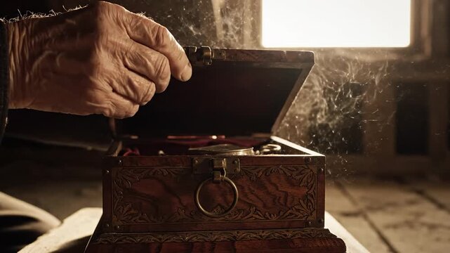 Aged hands opening mysterious dusty antique wooden treasure box in attic