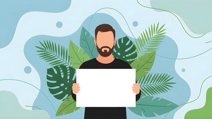 Man holding blank sign in front of tropical leaves on colorful background.