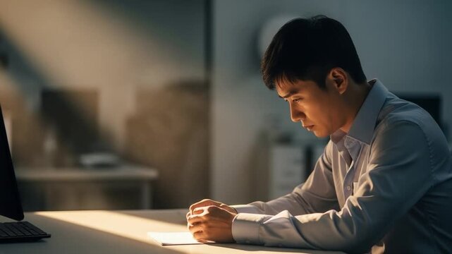 Young Asian Male in Business Attire Deep in Thought at Workdesk in Office Environment