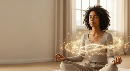 Calm African American Woman Meditating in Lotus Pose with Glowing Energy in Bright Home Room