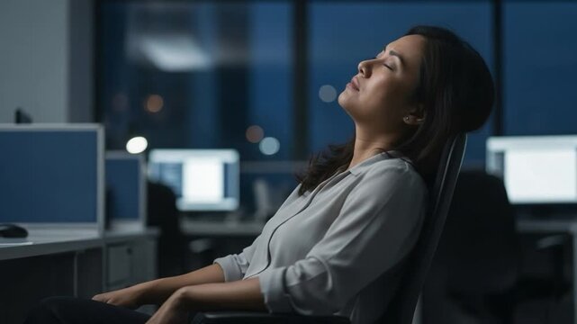 Young Asian Woman Relaxing in an Office Chair During Late Evening Hours in a Corporate Workspace