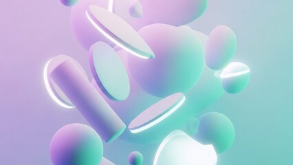 abstract 3d shapes geometric forms spheres discs cylinders with soft pastel gradient background and glowing soft light