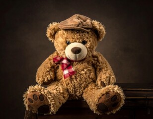 Soft brown plush toy bear wearing a cap and bow tie