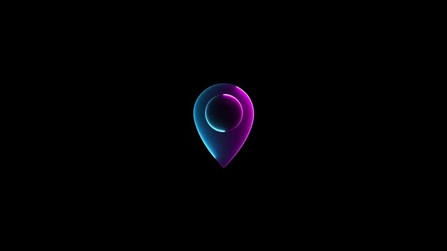 glowing neon location animation icon searching place address travel direction road signs map circle animated signs symbol,location pin icon glowing on a dark black background,with video animation.