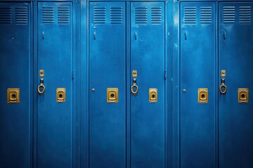 row of blue metal lockers with brass handles and locks, vented doors and worn paint conveying a quiet nostalgic school or gym hallway