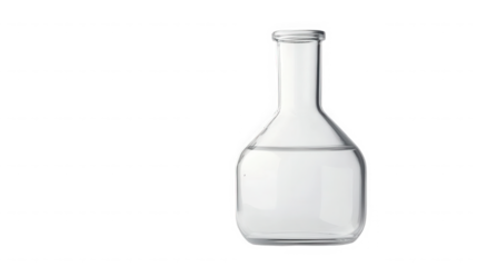 Clear glass flask filled with a clear liquid against a dark background in a studio setting view on transparent background