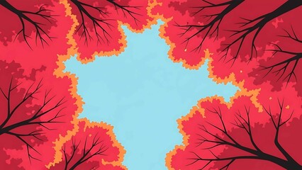autumn forest canopy illustration with red treetops and bare branches framing blue sky background seasonal nature banner for design