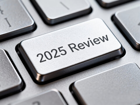 2025 recap. Key highlights and insights, achievements, review, business goals and plans. 2025 recap on white keyboard button