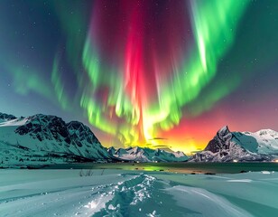 Spectacular green and red lights dance above snow-covered mountains