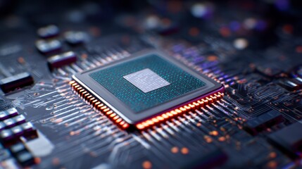 Close-up view of a central processing unit (CPU) chip, emphasizing intricate circuitry and glowing lights, suggesting data flow