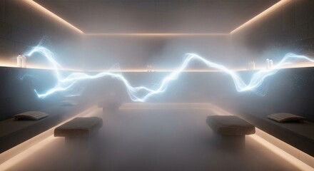 Abstract Electric Energy Pulsating in Futuristic Spa Room with Ambient Mist and Glowing Lights
