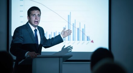 A man in a suit giving a presentation in a dark room with a large screen in the background.
