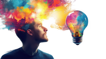 A man with colorful smoke coming from his head looking at a colorful lightbulb on a black background on transparent background