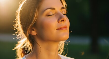 A serene woman with closed eyes in a park, enjoying the sun's rays.