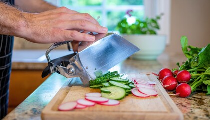 Chef slicing fresh radishes and cucumbers on wooden cutting board in kitchen