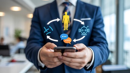 Businessman using smartphone with digital communication icons