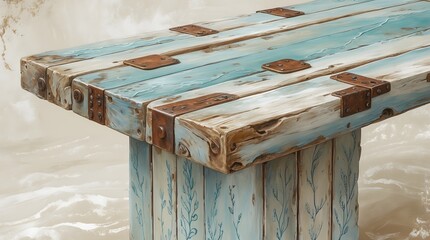 Weathered coastal-inspired wooden surface with blue and white planks and rusty metal details