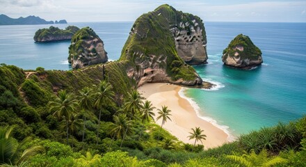 A stunning beach scene with lush green cliffs and crystal-clear waters.