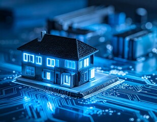 Illuminated house model on an integrated circuit board with blue glow