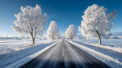 Obraz premium Winter Road - A Snowy Journey Through a Frosty Landscape.