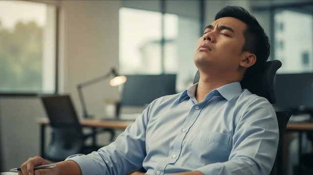 Exhausted Male Office Worker in a Modern Workplace Taking a Break from Stress