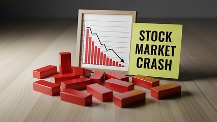 Financial downturn depicted by falling red blocks and a chart showing a severe stock market crash