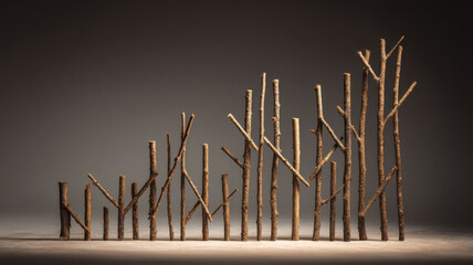 Abstract composition of wooden branches, forming an upward graph representing growth